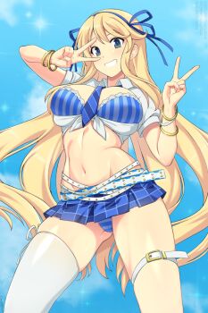 Rule 34 | 1girl, belt, blonde hair, blue bra, blue eyes, blue necktie, blue panties, blue ribbon, blue skirt, bra, bracelet, breasts, commentary, diagonal-striped clothes, diagonal-striped necktie, double v, english commentary, gluteal fold, hair ribbon, highres, jewelry, katsuragi (senran kagura), large breasts, lindaroze, long hair, looking at viewer, navel, necktie, panties, ribbon, senran kagura, shirt, short sleeves, single thighhigh, skirt, smile, solo, striped bra, striped clothes, striped panties, thigh strap, thighhighs, tied shirt, underwear, v, vertical-striped bra, vertical-striped clothes, very long hair, white belt, white shirt, white thighhighs