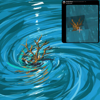 Rule 34 | benii21, bush, commentary, dead plants, english commentary, highres, minecraft, no humans, object focus, painting (medium), plant, plant focus, reference inset, traditional media, water, whirlpool