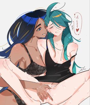 2girls black_bra black_camisole black_hair black_panties blue_hair bra breasts camisole clenched_teeth dark-skinned_female dark_skin fingering geeta_(pokemon) grey_hair highres lace lace_bra lace_panties large_breasts long_hair multicolored_hair multiple_girls nanaasuzy nintendo panties pokemon pokemon_scarlet_and_violet pussy rika_(pokemon) small_breasts smile strap_slip teeth underwear very_long_hair yuri