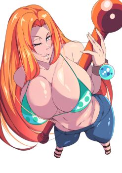 1girl 2024 bare_shoulders bikini bikini_top_only bleach breasts collarbone cosplay female_focus highres holding holding_weapon large_breasts matsumoto_rangiku mole mole_under_mouth nami_(one_piece) nami_(one_piece)_(cosplay) nami_(one_piece)_(return_to_sabaody) navel one_eye_closed one_piece pants shiny_skin simple_background standing stomach swimsuit weapon white_background wink young_pvch