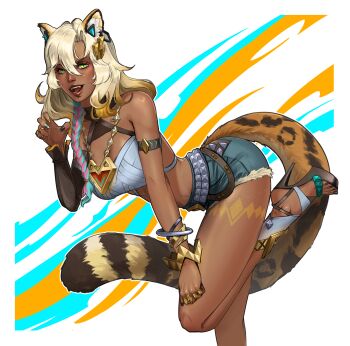 1girl absurdres alternate_skin_color animal_ear_fluff animal_ears aqua_hair armband bare_shoulders belt bent_over blonde_hair blue_shorts bracelet braid breasts claw_pose cleavage commentary_request crop_top dark-skinned_female dark_skin darkened_skin denim denim_shorts detached_sleeves fangs fingernails genshin_impact gold_nails green_eyes green_hair hair_between_eyes hair_ornament hand_on_own_leg high_heels highleg highres jewelry jhzargo large_breasts leg_tattoo light_smile lips long_hair long_tail looking_at_viewer multicolored_hair multiple_rings nail_polish open_mouth parted_bangs pendant pink_hair ring shoes short_shorts shorts side_braid single_braid single_detached_sleeve single_sleeve solo standing standing_on_one_leg tail tattoo toenail_polish toenails toes xilonen_(genshin_impact)