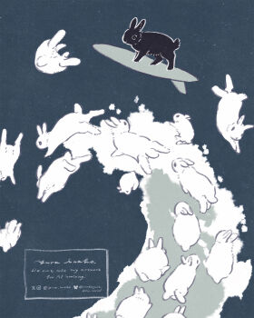 animal animal_focus black_rabbit_(animal) blue_background commentary_request highres no_humans original rabbit white_rabbit_(animal) yurano_(upao)