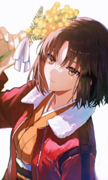 Rule 34 | 1girl, brown hair, curtained hair, d twt b, flower, hashtag-only commentary, highres, jacket, japanese clothes, kara no kyoukai, kimono, long sleeves, looking at flowers, obi, obiage, obijime, open clothes, open jacket, orange kimono, parted bangs, red jacket, ryougi shiki, ryougi shiki (male persona), sash, short hair, simple background, smile, solo, white background, yellow eyes, yellow flower