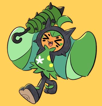 Rule 34 | > <, 1girl, :d, cloak, closed eyes, club, club (weapon), colored skin, commentary, fangs, full body, green cloak, highres, holding, holding club, holding weapon, june buns, nintendo, ogerpon, open mouth, orange skin, plant hair, pokemon, pokemon (creature), pokemon focus, simple background, smile, solo, spiked club, standing, weapon, yellow background