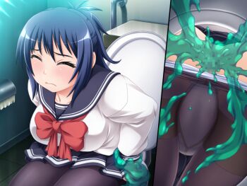 1girl anal anus ass bent_over blue_hair blush breasts censored closed_eyes closed_mouth clothes_pull funamushi_(funa) game_asset kunugi_chiaki large_breasts mosaic_censoring multiple_views non-web_source official_art panties panties_under_pantyhose panty_pull pantyhose pantyhose_pull pussy rape restrained school_uniform self-datamine serafuku shugo_seijo_prism_saber sitting skirt slime_(substance) solo tears tentacle_sex tentacles toilet underwear variant_set visual_novel_cg white_panties