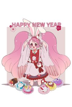 Rule 34 | 2023, adapted costume, animal ears, animal shoes, big hair, boots, bow, bow skirt, bowtie, brooch, chinese zodiac, cure whip, earrings, english text, eyelashes, floppy ears, floral print, food-themed hair ornament, food print, fruit print, gloves, grey background, grey skirt, hair ornament, hairband, hands on own head, happy new year, heart, heart print, high heel boots, high heels, highres, japanese clothes, jewelry, kimono, kirakira precure a la mode, knee boots, kohane suzukasa, lace, lace-trimmed kimono, lace-trimmed skirt, lace trim, layered skirt, light particles, long hair, long sleeves, magical girl, miniskirt, new year, open mouth, pink bag, pink eyes, pink hair, pom pom (clothes), pom pom earrings, precure, rabbit ears, red boots, red bow, red bowtie, red hairband, red vest, shadow, short kimono, skirt, smile, star (symbol), strawberry brooch, strawberry print, tareme, twintails, two-tone background, two-tone bag, usami ichika, very long hair, vest, waist bag, white background, white bag, white gloves, white kimono, white skirt, wide sleeves, year of the rabbit