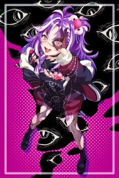 1girl absurdres antenna_hair black_boots black_choker black_dress black_jacket boots breasts choker cleavage dress eye_print fang fishnet_pantyhose fishnets gloves heart highres jacket jared_(michi_mochievee) long_braid michi_mochievee michi_mochievee_(1st_costume) multicolored_background multicolored_hair off_shoulder open_clothes open_jacket open_mouth pantyhose price_tag purple_hair skin_fang solo stitched_face stitches streaked_hair tolo_mag torn_clothes torn_dress torn_pantyhose virtual_youtuber vshojo white_hair zipper zipper_pull_tab