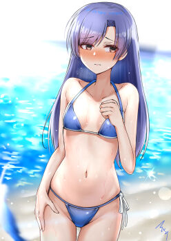 1girl 3: absurdres arm_at_side bare_arms bare_shoulders bikini blue_bikini blush breasts brown_eyes closed_mouth collarbone cowboy_shot day embarrassed frown gluteal_fold hand_on_own_chest highres idolmaster idolmaster_(classic) kisaragi_chihaya long_hair looking_away looking_to_the_side mabanna navel nose_blush ocean outdoors purple_hair ribbon side-tie_bikini_bottom signature small_breasts solo sparkle stomach swept_bangs swimsuit water wet white_ribbon