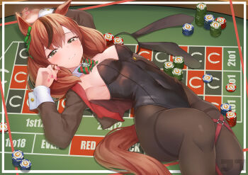1girl absurdres alternate_costume animal_ears armpit_focus armpits artist_logo bare_shoulders black_leotard black_pantyhose blush bow bowtie breasts brown_eyes commentary_request covered_navel cropped_jacket detached_collar ear_bow green_bow highres horse_ears horse_girl horse_tail jtleeklm leotard logo lying nice_nature_(umamusume) nontraditional_playboy_bunny on_back pantyhose poker_chip rabbit_ears red_hair red_nails revision smile solo strapless strapless_leotard table tail umamusume unworn_fake_animal_ears wrist_cuffs