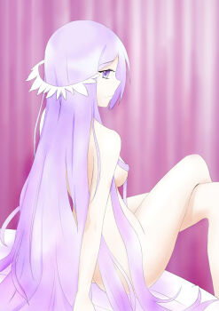 1833ksm 1girl bed_sheet breasts commentary convenient_censoring curtains hair_censor hair_ornament hair_over_breasts long_hair looking_at_viewer nude purple_eyes purple_hair quinella sitting smile solo sword_art_online sword_art_online:_alicization very_long_hair