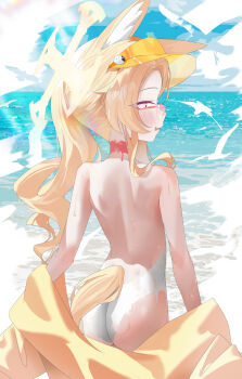 1girl absurdres animal_ear_fluff animal_ears ass back bare_back bare_shoulders beach blonde_hair blue_archive blue_sky blush bodypaint cloud cross_halo day dissolving_clothes exhibitionism floppy_ears fox_ears fox_girl fox_tail from_behind gradient_eyes haine_1871 hair_over_shoulder half-closed_eyes halo highres jacket licking_lips loli long_hair looking_at_viewer looking_back lustful_expression multicolored_eyes naked_paint nude ocean off_shoulder official_alternate_costume open_clothes open_jacket open_mouth outdoors paint paint_on_body painted_clothes public_indecency public_nudity seia_(blue_archive) seia_(swimsuit)_(blue_archive) side_ponytail sky solo standing sunglasses swimsuit tail tinted_eyewear tongue tongue_out very_long_hair visor_cap water yellow_halo yellow_visor