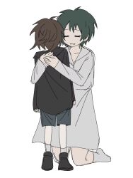 Rule 34 | 1boy, 1girl, amber-breathe, black hoodie, blue shorts, brown hair, child, chinese commentary, closed eyes, commentary request, dress, green hair, highres, hood, hood down, hoodie, hug, isoi haruki, isoi rai, male focus, mother and son, open mouth, saibou shinkyoku, short hair, shorts, simple background, sketch, smile, socks, white background, white dress, white socks