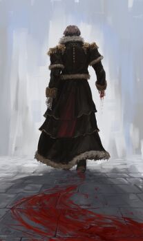 1boy absurdres black_coat black_footwear blood blood_on_ground blood_on_hands blood_trail brown_hair coat commentary emet-selch english_commentary epaulettes facing_away final_fantasy final_fantasy_xiv from_behind full_body fur-trimmed_coat fur_trim garlean gloves highres male_focus short_hair signature solo stone_floor un.i_(protorc) walking_away white_gloves