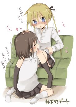 2girls blonde_hair blue_eyes brown_hair couch hair_ribbon hanabi_(yuruneko0624) heart highres kill_me_baby long_hair long_sleeves multiple_girls necktie no_shoes open_mouth oribe_yasuna ribbon school_uniform shirt short_hair skirt socks sonya_(kill_me_baby) translation_request twintails yuri