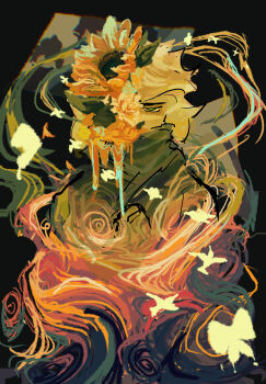 Rule 34 | 1boy, abstract, animification, anonymity0429, bird, blonde hair, bug, butterfly, commentary, dougi, dripping, english commentary, flower, green dougi, green eyes, half-closed eyes, highres, insect, lloyd garmadon, looking at viewer, male focus, ninjago, one eye covered, short hair, solo, sunflower, upper body, yellow flower, yellow theme