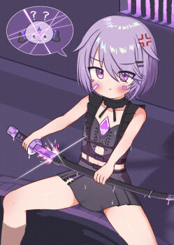 1girl ? bandaid bandaid_on_face blush chest_jewel corset detached_collar female_focus flat_chest frills gba_jasjas hair_flaps highres hololive hololive_english jewel_under_eye koseki_bijou koseki_bijou_(casual) looking_at_viewer miniskirt pebble_(koseki_bijou) purple_eyes purple_hair sheath short_hair sitting skirt spread_legs strap sword unsheathing virtual_youtuber weapon zipper