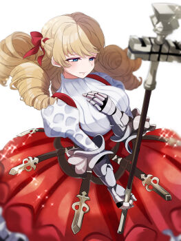 absurdres armor black_gloves blonde_hair blue_eyes braid breasts dress drill_hair french_braid frilled_dress frilled_skirt frills gauntlets gloves hair_intakes hair_ribbon half-closed_eyes hand_on_own_chest highres holding holding_staff juliet_sleeves large_breasts long_hair long_sleeves murasaki_(deceive138) pinafore_dress puffy_sleeves red_dress red_ribbon ribbed_sweater ribbon scarlett_(unicorn_overlord) simple_background skirt sleeveless sleeveless_dress smile sparkle staff sweater turtleneck turtleneck_sweater unicorn_overlord white_background white_sweater