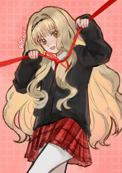 Rule 34 | 1girl, blazer, blonde hair, highres, holding, jacket, long hair, mashiro rima, pink background, plaid clothes, plaid skirt, red ribbon, ribbon, school uniform, seiyo academy school uniform, shugo chara!, skirt, socks, solo, twitter username, very long hair, wavy hair, white socks, yellow eyes, yixixi