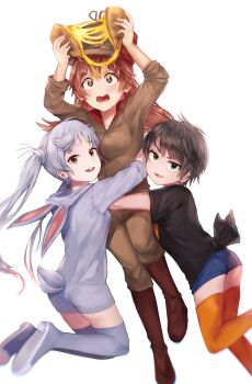 3girls animal_ears bugs_bunny burger cheese daffy_duck elmer_fudd fake_animal_ears fake_tail food genderswap genderswap_(mtf) highres himuhino hood hug humanization long_hair looney_tunes multiple_girls short_hair tail twintails white_background
