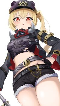 1girl :o absurdres belt black_belt black_gloves black_helmet black_jacket black_shirt black_shorts blonde_hair blush bright_pupils commentary_request cowboy_shot crop_top crossed_bangs cutoffs denim denim_shorts dutch_angle eyelashes from_below frown gloves hair_between_eyes half_gloves hand_on_own_hip helmet highres jacket long_hair long_sleeves looking_at_viewer luciana_de_montefio midriff navel open_clothes open_jacket open_mouth red_eyes rei_hinasuki shirt shorts side_ponytail sidelocks simple_background solo thigh_gap thighs tsurime v-shaped_eyebrows white_background white_pupils wide_sleeves zenless_zone_zero