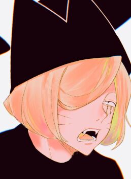 1boy animal_hat black_eyes cat_hat facial_mark fangs hair_over_one_eye hat highres looking_at_viewer male_focus nyen_(randal&#039;s_friends) otori_0 pink_hair portrait randal&#039;s_friends short_hair whisker_markings white_background