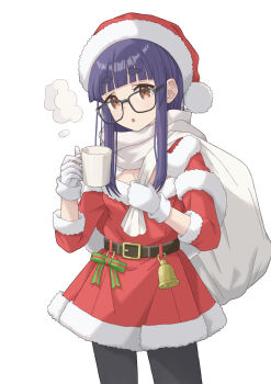 1girl absurdres bag bell black_pantyhose blue_hair breasts christmas cleavage cup dress glasses gloves green_ribbon hat highres holding holding_bag holding_cup long_hair long_sidelocks oogaki_chiaki pantyhose qgkmn541 ribbon santa_costume santa_dress santa_hat sidelocks simple_background thick_eyebrows white_background white_gloves yurucamp