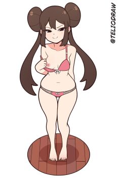 1girl artist_name barefoot black_eyes bow bow_bra bow_panties bra breasts brown_hair collarbone donut_hair_bun double_bun female_focus from_above hair_bun half-closed_eyes looking_at_viewer medium_breasts navel nintendo nipples one_breast_out panties pink_bra pink_panties pokemon pokemon_bw2 rosa_(pokemon) self-upload simple_background slight_blush smile solo tagme teliodraw twintails underwear underwear_only white_background