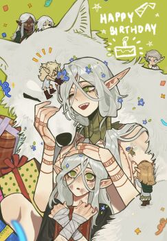3boys 4girls aged_down arm_tattoo bags_under_eyes bare_shoulders black_eyes blonde_hair blush book braid chest_tattoo cithis confetti dark-skinned_female dark_elf dark_skin deformed dungeon_meshi elf facial_mark fairy_(dungeon_meshi) fangs fangs_out fleki flower forehead_mark gift gorget green_background green_eyes grey_hair hair_around_ear hair_flower hair_ornament happy_birthday headpat highres holding holding_book long_hair low_twintails lycion mini_person miniboy minigirl mithrun multiple_boys multiple_girls notched_ear nova_1810 one_eye_closed otta_(dungeon_meshi) pattadol pointy_ears shirt short_hair smile tattoo time_paradox topless_male twintails wolf yellow_eyes