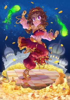 1girl absurdres bracelet breasts brown_hair chamaji coin dancer dancing dark-skinned_female dark_skin dominions fireball gold_bracelet gold_coin grin highres jewelry long_hair looking_at_viewer loose_pants ma_na'ba medium_breasts middle_eastern_architecture minaret mouth_veil nail_polish navel night pants purple_eyes red_nails red_pants red_skirt sandals second-party_source see-through_clothes see-through_sleeves skirt sky smile solo standing standing_on_one_leg star_(sky) starry_sky stomach strapless tiara toenail_polish toenails tube_top veil wavy_hair