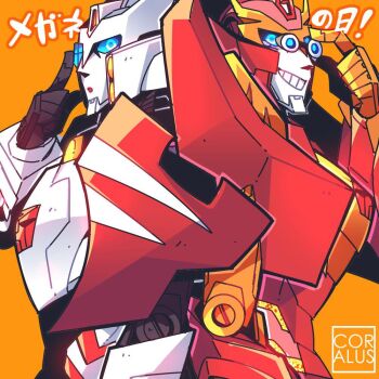 2boys armor autobot blue_eyes coralus drift_(transformers) glasses helmet humanoid_robot insignia machine mecha multiple_boys no_humans orange_background robot rodimus science_fiction shoulder_armor the_transformers_(idw) transformers
