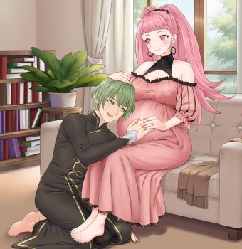 1boy 1girl absurdres barefoot bookshelf breasts couch couple curtains earrings fire_emblem fire_emblem:_three_houses green_eyes green_hair hand_on_another's_head hand_on_another's_stomach hetero highres hilda_valentine_goneril hilda_valentine_goneril_(timeskip) hoop_earrings husband_and_wife indoors jewelry kneeling large_breasts living_room male_byleth_(awakened)_(fire_emblem) male_byleth_(enlightened_one)_(fire_emblem) male_byleth_(fire_emblem) nintendo on_couch pink_eyes pink_hair plant potted_plant pregnant puffy_short_sleeves puffy_sleeves redkite333 ring shadow short_hair short_sleeves sitting toes wedding_ring