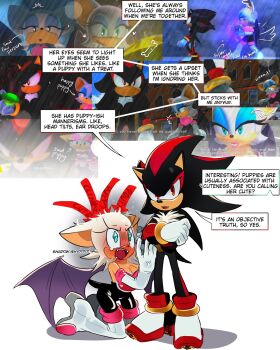Rule 34 | 1boy, 1girl, bat girl, bat wings, boots, breasts, chaos emerald, cleavage, embarrassed, english text, fangs, game screenshot inset, gloves, green eyes, hedgehog boy, highres, red eyes, rouge the bat, shadow the hedgehog, shadow the hedgehog (game), sonic (series), sonic the hedgehog (2006), sparkling eyes, speech bubble, ssanaaloves, tearing up, wavy eyes, white boots, white gloves, wings