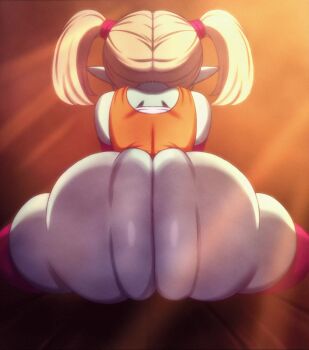 1girl all_fours animated anus anus_peek aqua_skin arm_warmers ass ass_focus ass_shake blonde_hair bouncing_ass cameltoe colored_skin dragon_ball dragon_ball_daima from_behind gloves hair_ornament highres kyojiri_loli leotard loli nexxa pansy_(dragon_ball_daima) pink_thighhighs pointy_ears solo sound tagme thighhighs third-party_edit twerking twintails video