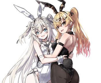 Rule 34 | 2girls, animal ears, bare shoulders, black gold bunny (takanashi kei), black leotard, black pantyhose, blonde hair, blue eyes, blush, breasts, cleavage, covered navel, fake animal ears, highleg, highleg leotard, highres, hug, leotard, long hair, looking at viewer, multiple girls, open mouth, original, pantyhose, platinum bunny (takanashi kei), playboy bunny, rabbit tail, simple background, strapless, strapless leotard, tail, takanashi kei (hitsujikan), v, white background, white hair, white leotard