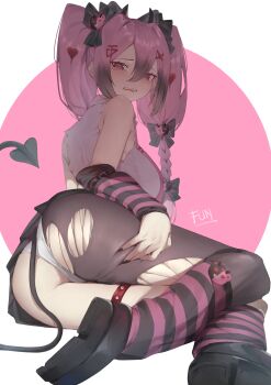 breasts character_request horns looking_at_viewer pantyhose pink_hair shoes tagme theflatfacadeds torn_clothes torn_pantyhose