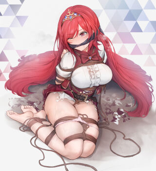 1girl ankles_tied_together arms_behind_back arriet_(shingeki_no_bahamut) barefoot bdsm blue_gem bondage bound bound_ankles bound_arms bound_legs bound_torso breast_bondage cleave_gag cloth_gag commentary_request crotch_rope feet female_focus gag gagged gem gold_tiara granblue_fantasy highres improvised_gag legs_tied_together long_hair morisova one_eye_closed panties pink_panties pubic_stubble red_eyes red_hair restrained rope shibari shibari_over_clothes simple_background sitting skindentation thighhighs tiara toes underwear