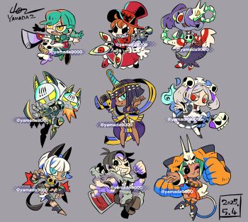 1boy 2025 6+girls android annie_(skullgirls) apron barefoot belt_buckle belt_pouch beowulf_(skullgirls) black_hair bloody_marie_(skullgirls) blue_eyes blue_hair blue_skin bob_cut boots braid buckle cerebella_(skullgirls) chair chibi claws collar colored_skin cyborg dark-skinned_female dark_skin dated detached_leggings dress eliza_(skullgirls) eyepatch facial_hair folding_chair frilled_apron frilled_dress frills full_body green_hair grey_background grey_hair grin gun hair_over_one_eye handgun hat highres holding holding_gun holding_sword holding_weapon long_sleeves looking_at_viewer microphone ms._fortune_(skullgirls) multiple_girls neck_bell one_eye_closed peacock_(skullgirls) pelt pouch red_eyes revolver robo-fortune sagan_(skullgirls) sharp_teeth short_dress skullgirls smile squigly_(skullgirls) stitched_mouth stitches striped_sleeves stubble sword teeth thigh_boots top_hat twin_braids vambraces vice-versa_(skullgirls) weapon wristband yamada9000 yellow_eyes zombie