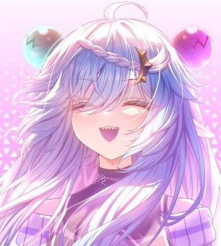 1girl absurdres ahoge animatrix aquwa blue_hair braid closed_mouth colored_tongue commentary english_commentary hair_ornament highres indie_virtual_youtuber long_hair multicolored_hair open_mouth pointy_ears purple_tongue sharp_teeth solo sphere_hair_ornament split-color_hair teeth two-tone_hair virtual_youtuber white_hair