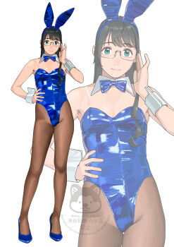 1girl absurdres adjusting_eyewear alternate_costume animal_ears black_hair blue_bow blue_bowtie blue_eyes blue_shoes bow bowtie breasts brown_pantyhose closed_mouth commentary_request fake_animal_ears glasses hand_on_own_hip high_heels highres kantai_collection leotard long_hair ojipon ooyodo_(kancolle) pantyhose playboy_bunny rabbit_ears shoes simple_background small_breasts standing watermark white_background wrist_cuffs zoom_layer