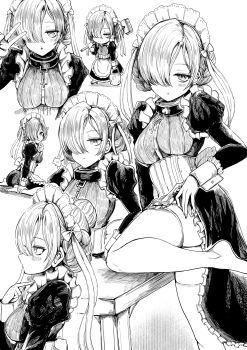 1girl azur_lane blush braid collar commentary_request dress greyscale hair_over_one_eye haruyukiko highres juliet_sleeves long_sleeves maid_headdress medium_hair monochrome multiple_views no_shoes puffy_sleeves sheffield_(azur_lane) standing standing_on_one_leg table thighhighs v white_background wrist_cuffs