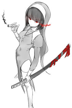 1girl absurdres breasts cigarette covered_navel cross cross_necklace flaming_eye from_above full_body greyscale hashtag-only_commentary helseujang highres holding holding_cigarette holding_sword holding_weapon jewelry limbus_company monochrome necklace nun ootachi project_moon ryoshu_(project_moon) side_slit simple_background small_breasts smoke solo spot_color sword thighhighs veil weapon