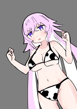 1girl absurdres animal_print bikini breast_expansion breasts clenched_hands cow_print cow_print_bikini grimms_notes hands_up highres kurahutooniki large_breasts magic_mirror_(grimms_notes) navel parted_lips print_bikini purple_eyes purple_hair solo standing swimsuit teeth upper_teeth_only