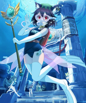 6+girls absurdres air_bubble alternate_costume animal_ear_fluff animal_ear_piercing animal_ears bare_legs breasts brown_hair bubble cat_ears cat_tail chen commentary_request commission earrings elbow_gloves female_focus flippers frills full_body futatsuiwa_mamizou gloves green_headwear hand_up hat highres holding holding_polearm holding_weapon jewelry kaenbyou_rin kisaragi_koushi mob_cap multiple_girls multiple_tails nekomata polearm red_eyes reisen_udongein_inaba reiuji_utsuho scuba_gear single_earring skeb_commission slit_pupils small_breasts solo_focus tail thighhighs touhou two_tails underwater weapon white_thighhighs yakumo_ran