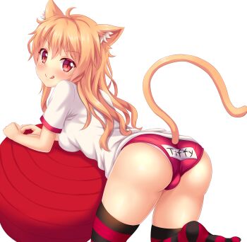 1girl :q animal_ear_fluff animal_ears artist_self-insert ass ball blonde_hair blush breasts buruma cat_ears cat_tail clothing_cutout colored_eyelashes exercise_ball female_focus gym_uniform highres indie_virtual_youtuber kemonomimi_mode large_breasts licking_lips long_hair looking_at_viewer name_tag no_shoes nottytiffy original panties panties_under_buruma pink_panties red_eyes shirt short_sleeves simple_background smile solo striped_clothes striped_thighhighs t-shirt tail tail_raised tail_through_clothes text_focus thighhighs thighs tiffy_(nottytiffy) tongue tongue_out underwear virtual_youtuber wavy_hair white_background