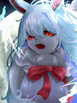 1girl aegyo_sal carrot_(one_piece) commentary furry furry_female hair_between_eyes highres long_hair looking_at_viewer moon neck_ribbon one_piece open_mouth rabbit_girl red_eyes ribbon solo sulong_form u_mi031 upper_body white_hair