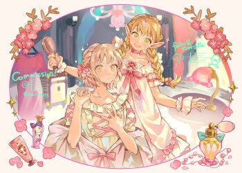 2girls blonde_hair bottle bow braid character_name commentary commission crown_braid dress dungeon_meshi elf falin_touden flower green_eyes hair_bow hand_on_own_chest holding holding_brush kasumi007 long_hair marcille_donato multiple_girls open_mouth parted_lips perfume_bottle pink_bow pink_flower pointy_ears short_hair smile symbol-only_commentary twin_braids twitter_username upper_body white_dress white_wrist_cuffs wrist_cuffs yellow_eyes