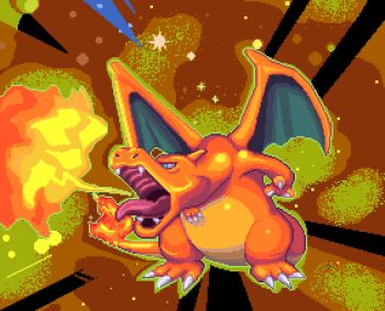 blue_eyes breath_weapon breathing_fire charizard commentary derivative_work dragon english_commentary fire gen_1_pokemon lizard nintendo open_mouth pixel_art pokemon pokemon_(creature) pokemon_tcg ramzaneko solo wings