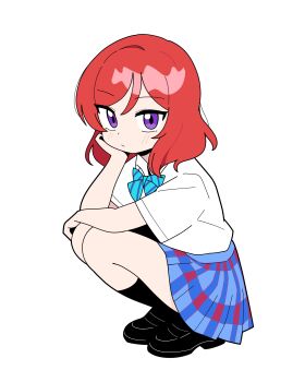 1girl absurdres bow bowtie full_body hand_on_own_chin highres jorang_(jorang08) loafers looking_at_viewer love_live! love_live!_school_idol_project nishikino_maki otonokizaka_school_uniform plaid_clothes plaid_skirt purple_eyes red_hair school_uniform shirt shoes simple_background skirt solo squatting striped_bow striped_bowtie striped_clothes summer_uniform tsurime white_background white_shirt
