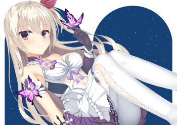 1girl absurdres ahoge akizuki_kanna bare_shoulders black_gloves blonde_hair blush bow breasts bug butterfly butterfly_on_hand cafe_stella_to_shinigami_no_chou castorice_(honkai:_star_rail) castorice_(honkai:_star_rail)_(cosplay) choker closed_mouth commentary cosplay crossed_bangs dress dress_bow dutch_angle eyes_visible_through_hair feet_out_of_frame frilled_choker frilled_dress frills gloves hair_between_eyes hair_ribbon hand_up highres holydora honkai:_star_rail honkai_(series) insect knees_up long_hair looking_at_viewer medium_breasts navel official_style one_side_up pantyhose purple_bow purple_butterfly purple_choker purple_eyes red_ribbon ribbon short_dress simple_background sitting smile solo split_mouth strapless strapless_dress very_long_hair white_background white_bow white_dress white_gloves white_pantyhose