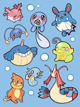 Rule 34 | air bubble, arms up, azumarill, blush stickers, bubble, buizel, chinchou, closed eyes, commentary, corsola, english commentary, gen 1 pokemon, gen 2 pokemon, gen 3 pokemon, gen 4 pokemon, hat, highres, horsea, milotic, nintendo, no humans, open mouth, party hat, pokemon, pokemon (creature), pokemon focus, politoed, poliwag, red eyes, selcian bun, u u, wailmer